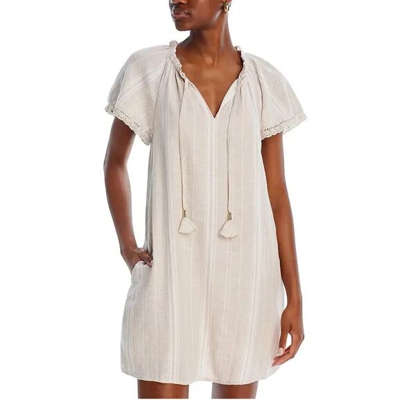 CUPIO WOMENS SIZE LARGE SPLIT NECK RAGLAN SLEEVE MINI DRESS NEUTRAL BEIGE NEW - Picture 1 of 13